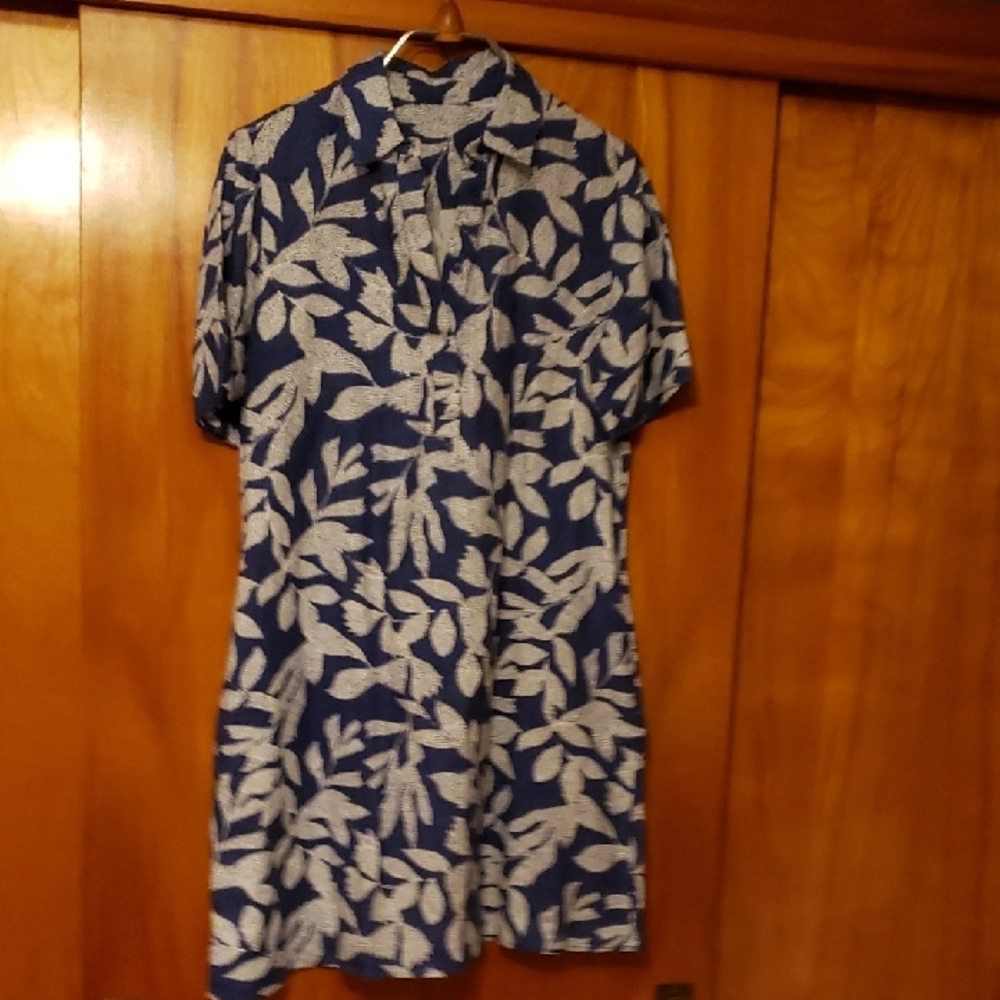 Chico's Navy Blue and White Leaf Print Mini Dress